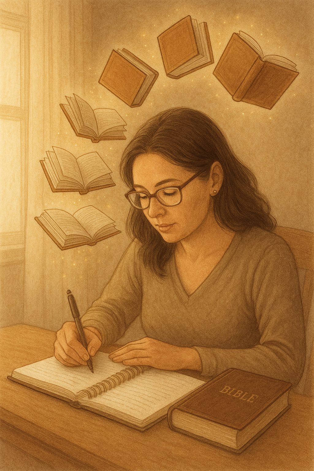 Creative Inspiration Flowing from a Woman in Prayerful Writing A woman sitting at a desk writing in a journal, with glowing books floating above her head, symbolizing creativity and inspiration through faith-based writing.