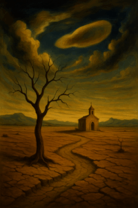 A surreal landscape inspired by Salvador Dalí, showing a cracked dry ground, a winding path, a barren tree, and a small church under swirling dramatic clouds.