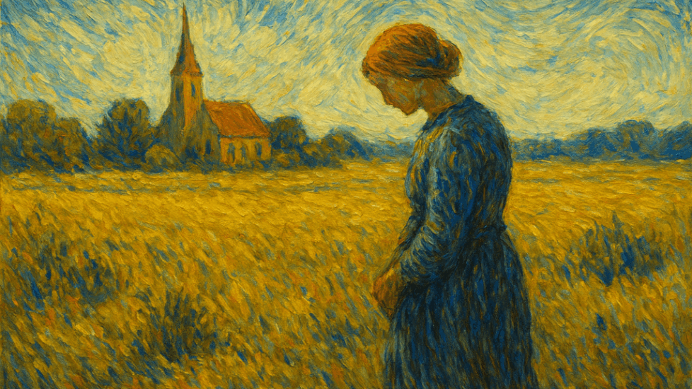 An impressionist landscape inspired by Van Gogh, depicting a woman standing in a golden field with a distant church and swirling textured sky.