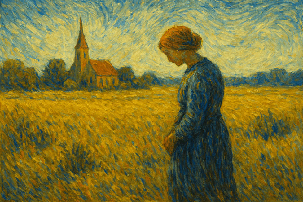 An impressionist landscape inspired by Van Gogh, depicting a woman standing in a golden field with a distant church and swirling textured sky.