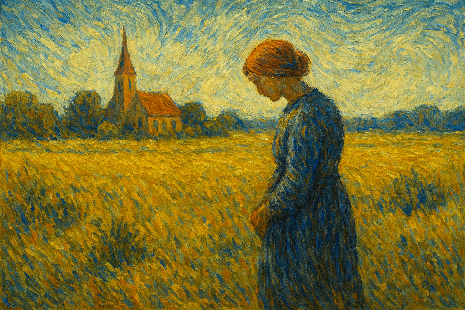 An impressionist landscape inspired by Van Gogh, depicting a woman standing in a golden field with a distant church and swirling textured sky.