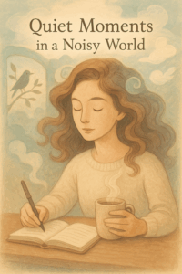 Soft pastel illustration of a peaceful woman writing in a journal with a cup of coffee, surrounded by gentle light and clouds, symbolizing stillness and reflection with God.