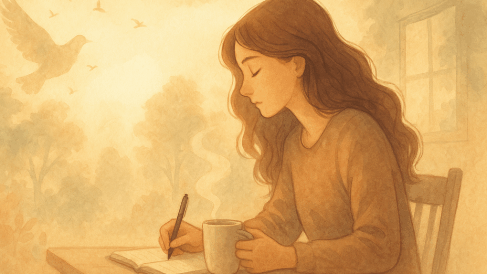 Warm-toned illustration of a young woman writing in a notebook while holding a coffee cup, sunlight streaming through a window, evoking calm, faith, and quiet contemplation.