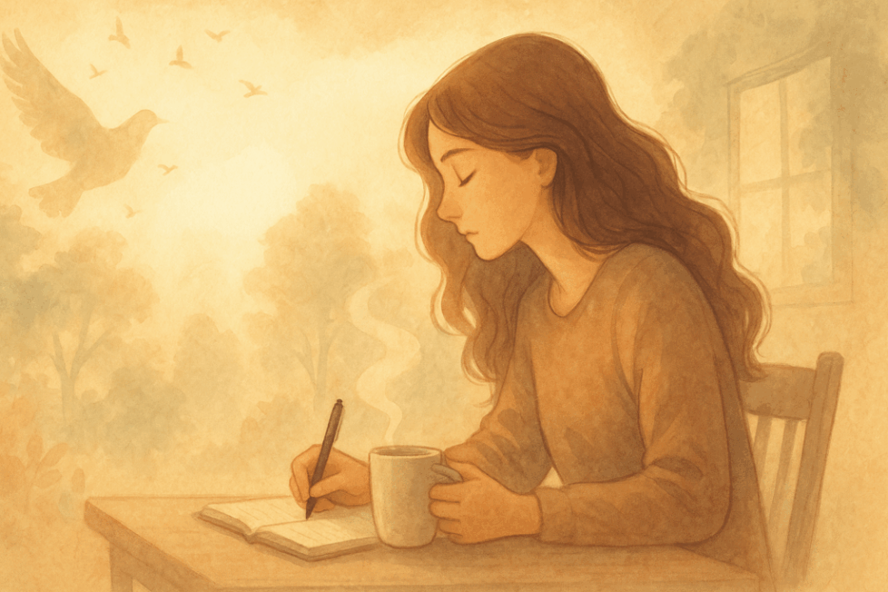 Warm-toned illustration of a young woman writing in a notebook while holding a coffee cup, sunlight streaming through a window, evoking calm, faith, and quiet contemplation.