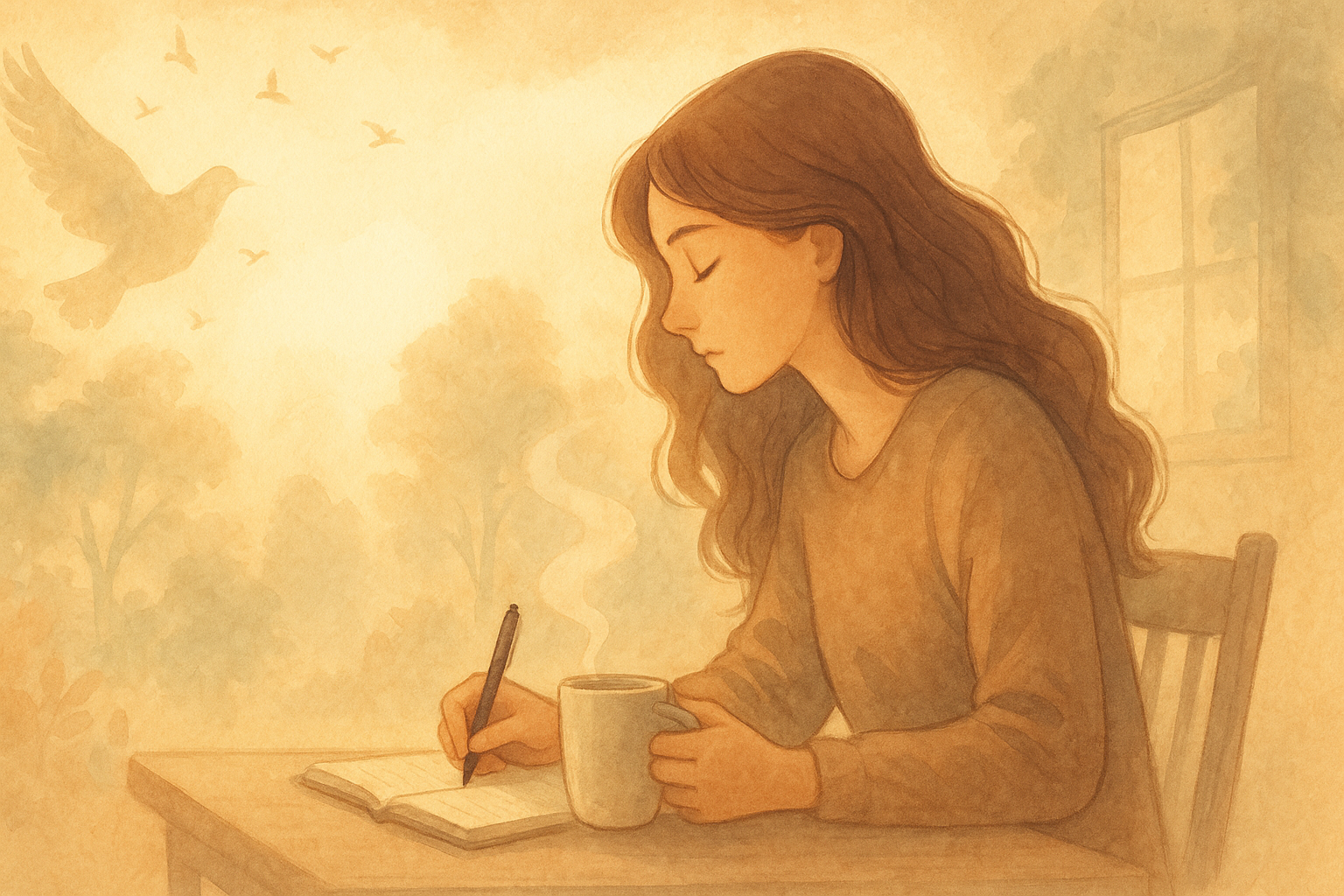Warm-toned illustration of a young woman writing in a notebook while holding a coffee cup, sunlight streaming through a window, evoking calm, faith, and quiet contemplation.