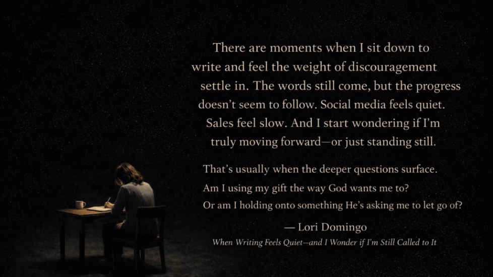 Christian writer sitting alone in darkness, writing quietly while reflecting on faith, calling, and perseverance during a season of discouragement