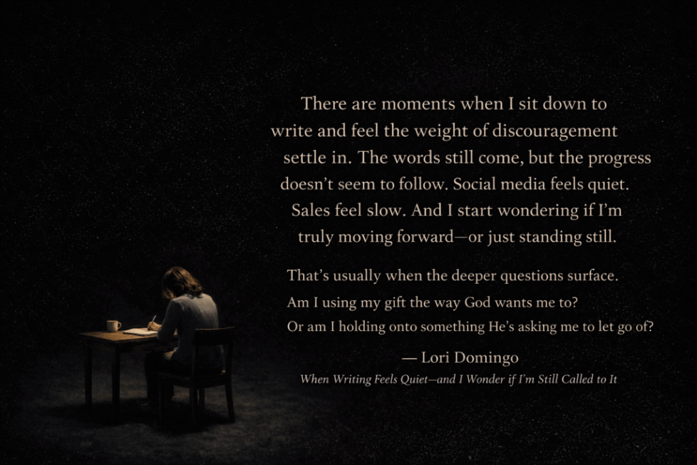 Christian writer sitting alone in darkness, writing quietly while reflecting on faith, calling, and perseverance during a season of discouragement