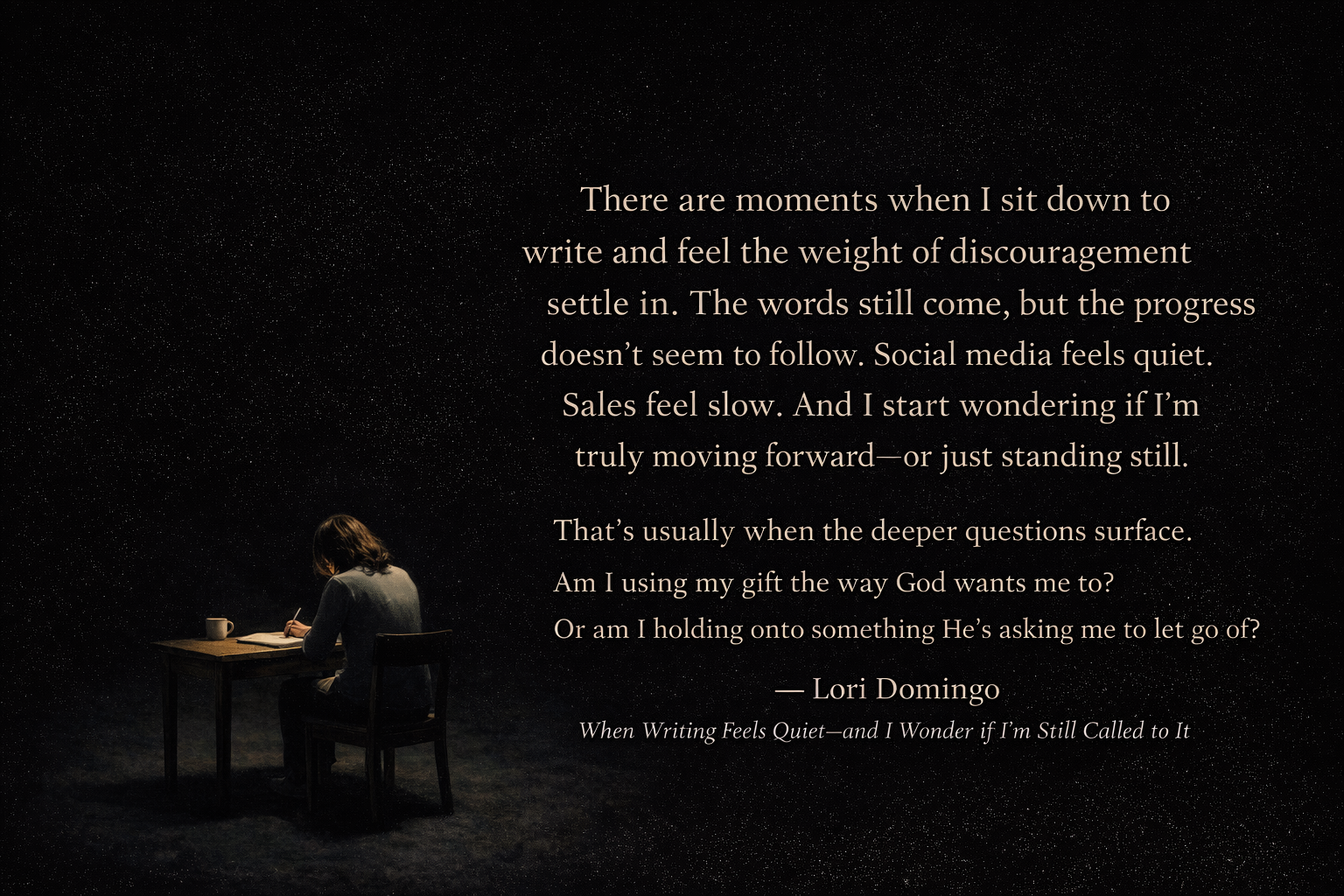 Christian writer sitting alone in darkness, writing quietly while reflecting on faith, calling, and perseverance during a season of discouragement