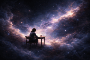 Christian writer sitting alone at a desk in a glowing nebula, writing quietly while reflecting on faith, calling, and perseverance