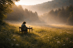 Christian writer sitting alone at a desk in a quiet meadow, writing peacefully while reflecting on faith, calling, and perseverance