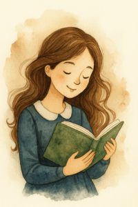 Watercolor illustration of a young woman with long brown hair peacefully reading a green book, wearing a blue dress with a white collar, painted in a soft, whimsical style.