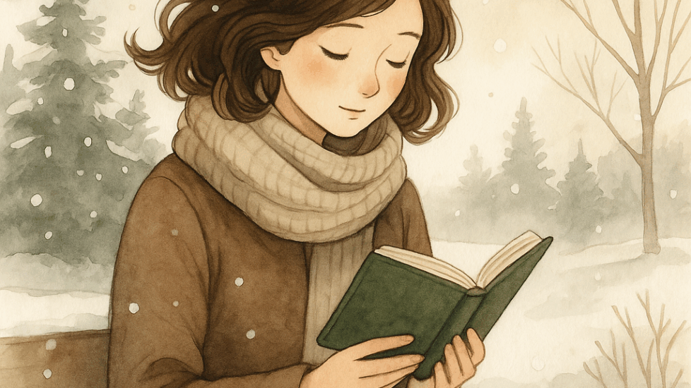 Watercolor illustration of a young woman with wavy auburn hair quietly reading a blue book, wearing a vintage beige dress with a white collar, painted in a soft, warm, whimsical style.