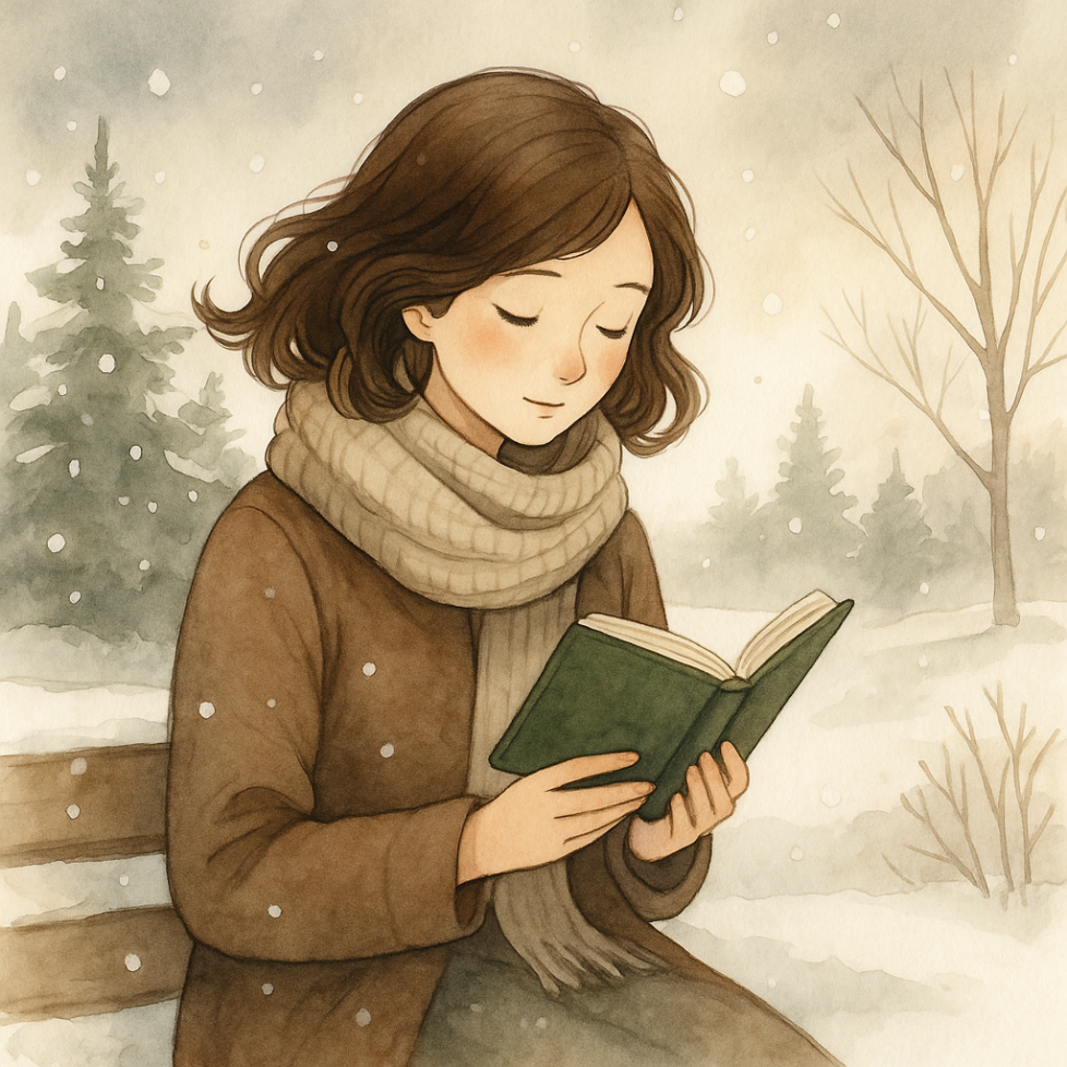 Watercolor illustration of a young woman with wavy auburn hair quietly reading a blue book, wearing a vintage beige dress with a white collar, painted in a soft, warm, whimsical style.