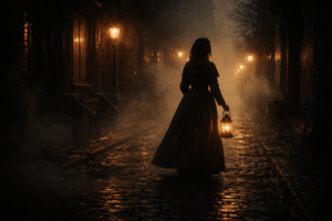 Victorian-era woman walking alone through a dark, shadowed street, symbolizing faith, uncertainty, and continuing to walk with God through trials.