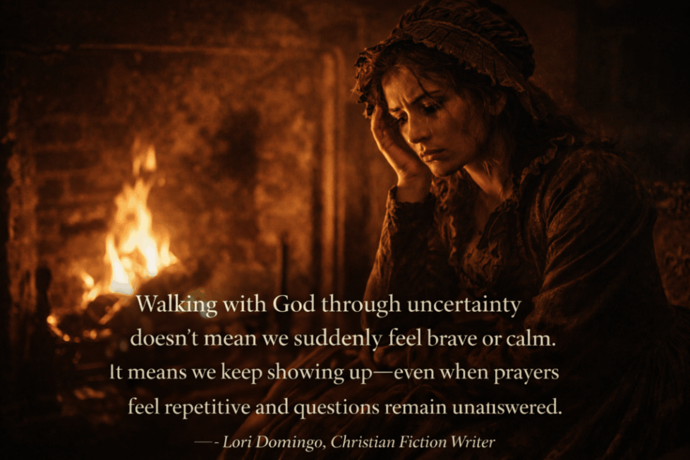 Victorian-era woman sitting near a warm fire with a worried expression, reflecting quietly during a season of faith, uncertainty, and walking with God through trials.