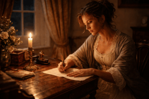 Regency-era woman writing at a wooden desk by candlelight, reflecting quietly on faith, uncertainty, and trusting God during a difficult season.