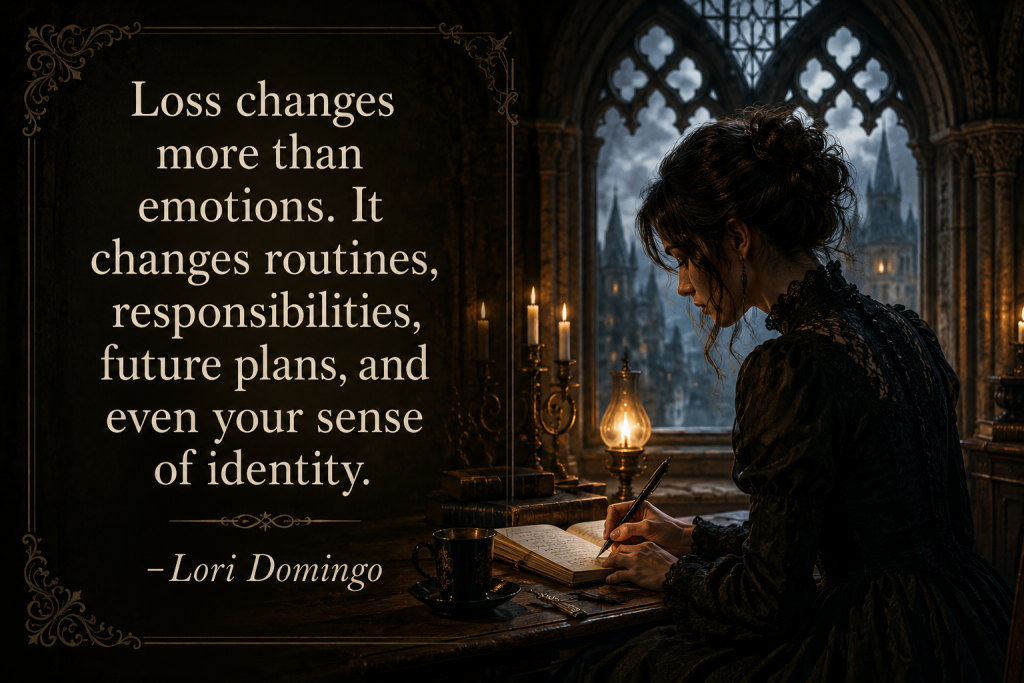 Woman in a gothic church looking toward a glowing cross with an inspirational Christian grief quote about healing and trusting God by Lori Domingo.
