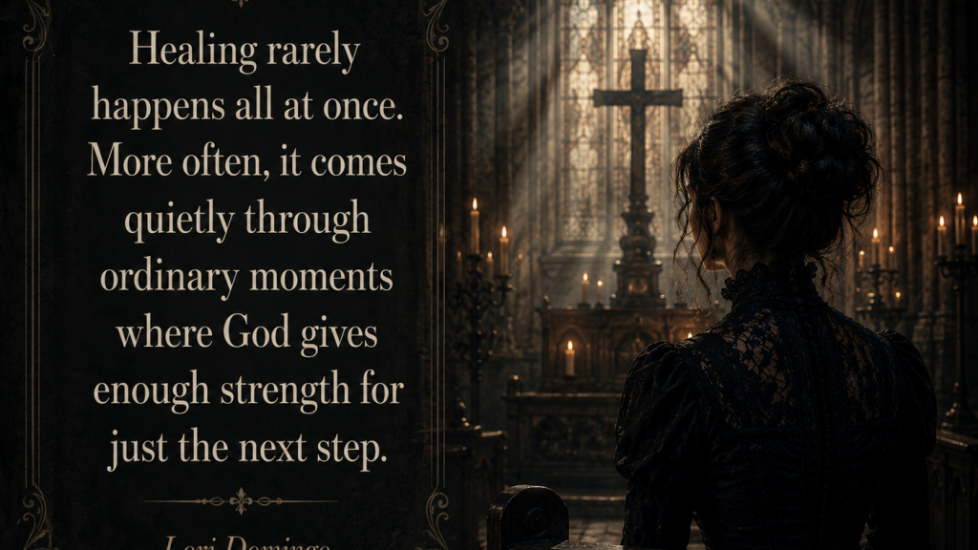 Woman sitting in a gothic church looking toward a cross beside an inspirational Christian quote about healing after loss and trusting God by Lori Domingo.