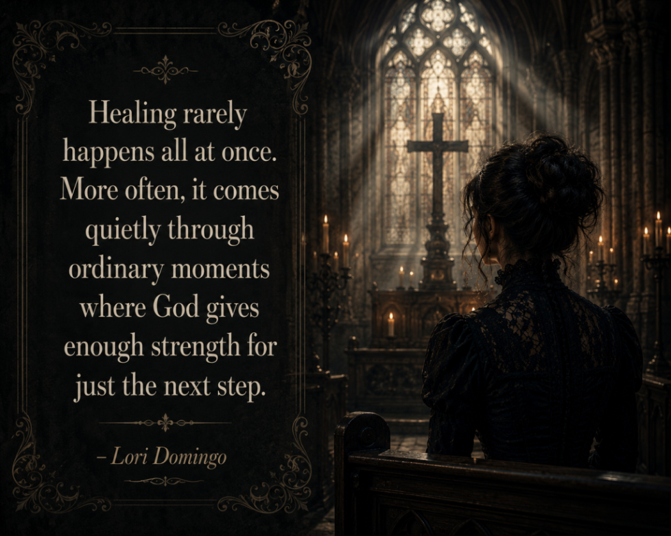 Woman sitting in a gothic church looking toward a cross beside an inspirational Christian quote about healing after loss and trusting God by Lori Domingo.
