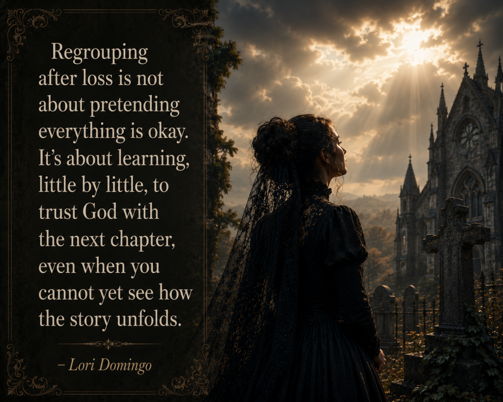 Woman in a black veil standing in a gothic churchyard cemetery looking toward a bright hopeful sky beside a Christian grief quote about trusting God after loss by Lori Domingo.