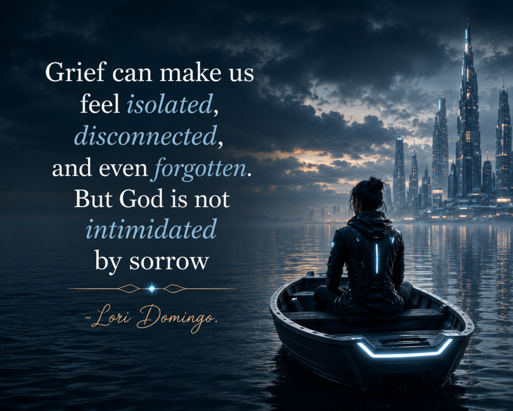 Woman in futuristic clothing stepping into a glowing sci-fi boat at dusk with a Christian grief quote by Lori Domingo about pain, sorrow, and difficult questions beside a futuristic skyline.