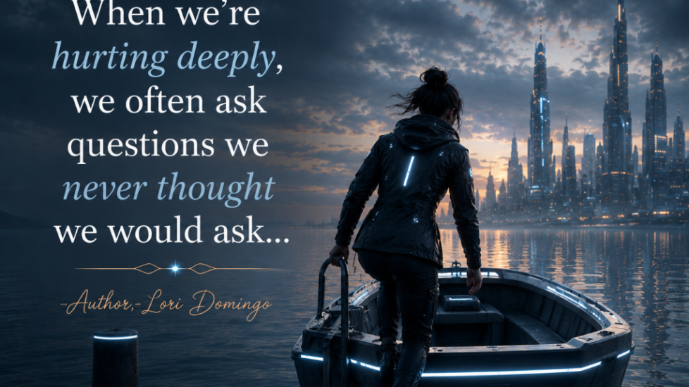 Futuristic woman stepping into a glowing boat beside calm water with a grief quote by Lori Domingo about pain, sorrow, and difficult questions against a sci-fi city skyline.