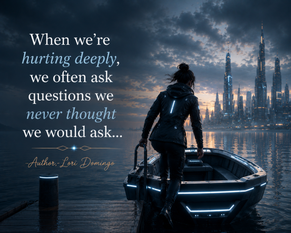 Futuristic woman stepping into a glowing boat beside calm water with a grief quote by Lori Domingo about pain, sorrow, and difficult questions against a sci-fi city skyline.