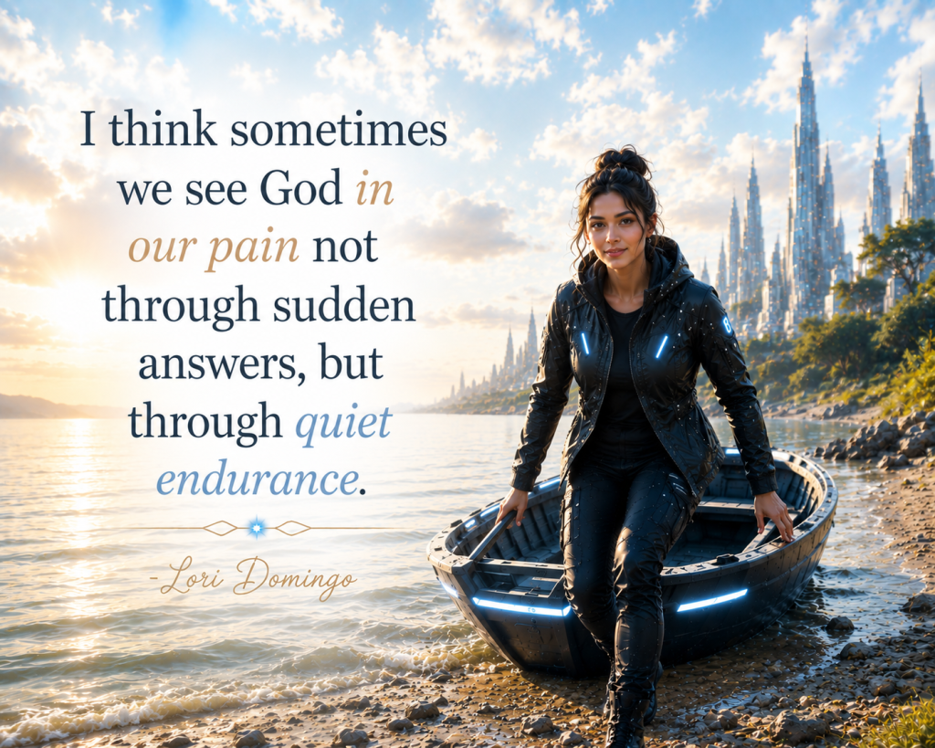 Futuristic woman arriving at the shore in a glowing boat while looking ahead with relief and hope under a bright sky beside a sci-fi city skyline with a Christian quote by Lori Domingo about quiet endurance through pain.