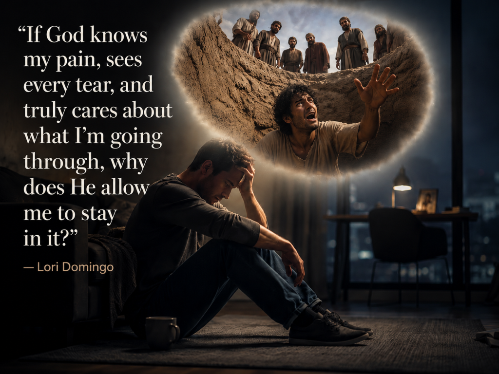 Modern man sitting on the floor in a softly lit room looks up at a glowing vision of Joseph seated on a throne in Egypt as his brothers bow before him, with the Bible verse from Lamentations 3:25 about hoping in the Lord.