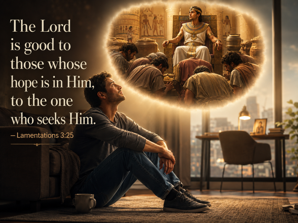 Modern man sitting on the floor in a brighter room looking up at a glowing vision of Joseph on a throne in Egypt while his brothers bow before him, with the Scripture text, “The Lord is good to those whose hope is in Him, to the one who seeks Him. Lamentations 3:25.”