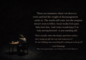 Christian writer sitting alone in darkness, writing quietly while reflecting on faith, calling, and perseverance during a season of discouragement