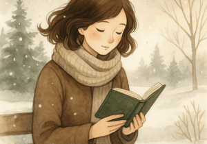 Watercolor illustration of a young woman with wavy auburn hair quietly reading a blue book, wearing a vintage beige dress with a white collar, painted in a soft, warm, whimsical style.