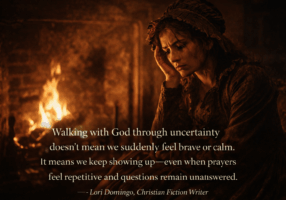 Victorian-era woman sitting near a warm fire with a worried expression, reflecting quietly during a season of faith, uncertainty, and walking with God through trials.