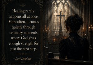 Woman sitting in a gothic church looking toward a cross beside an inspirational Christian quote about healing after loss and trusting God by Lori Domingo.