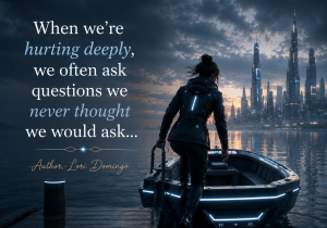Futuristic woman stepping into a glowing boat beside calm water with a grief quote by Lori Domingo about pain, sorrow, and difficult questions against a sci-fi city skyline.