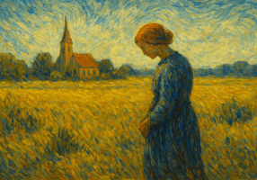 An impressionist landscape inspired by Van Gogh, depicting a woman standing in a golden field with a distant church and swirling textured sky.
